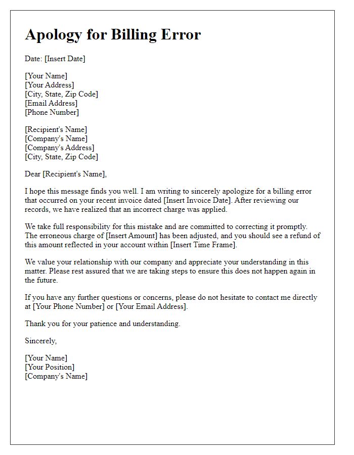 Letter template of explanation and apology for billing mistake.