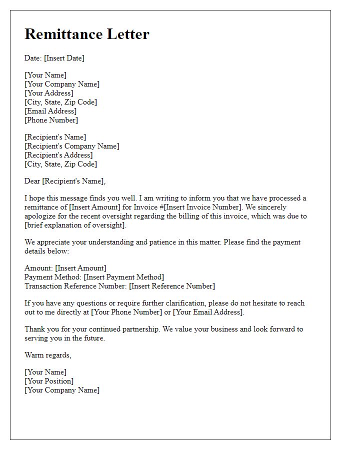 Letter template of remittance with an apology for billing oversight.