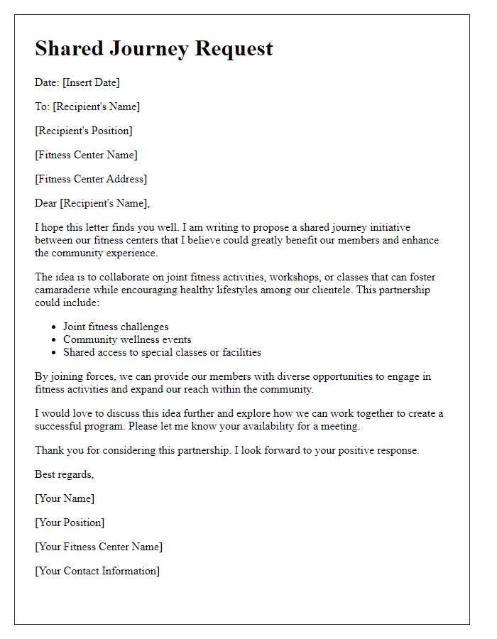 Letter template of shared journey request for fitness center allies.