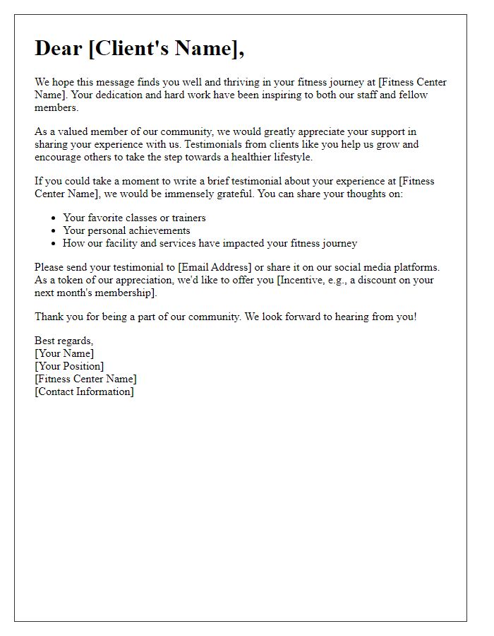 Letter template of testimonial appeal for fitness center clients.