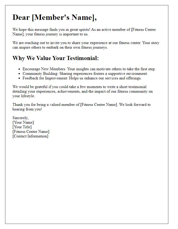 Letter template of testimonials callout for active fitness center members.