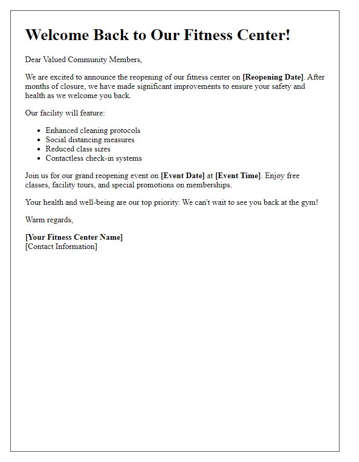 Letter template of fitness center facility reopening for community engagement.