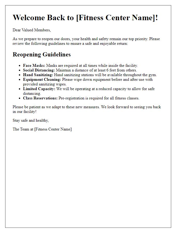 Letter template of fitness center facility reopening guidelines for safety.