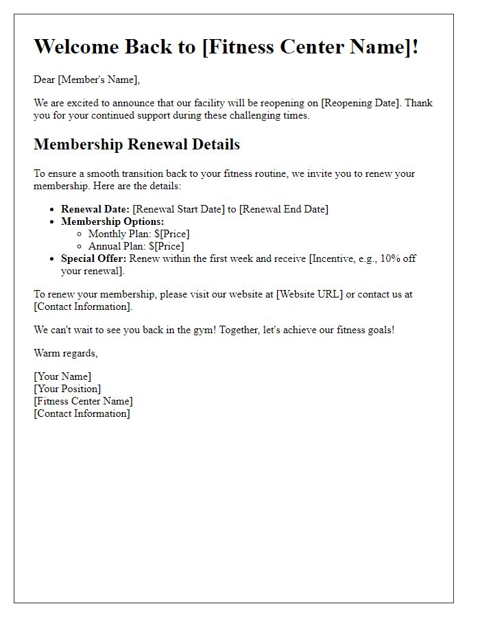 Letter template of fitness center facility reopening membership renewal details.