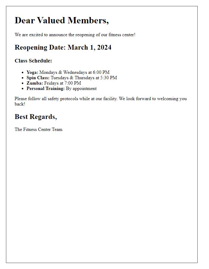 Letter template of fitness center facility reopening schedule of classes.