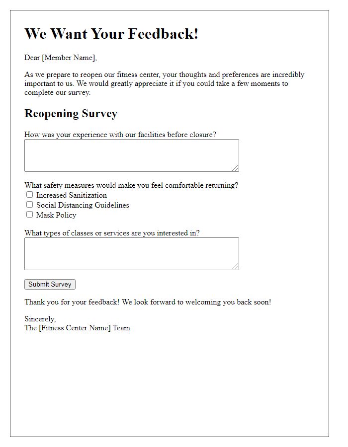 Letter template of fitness center facility reopening survey for member feedback.
