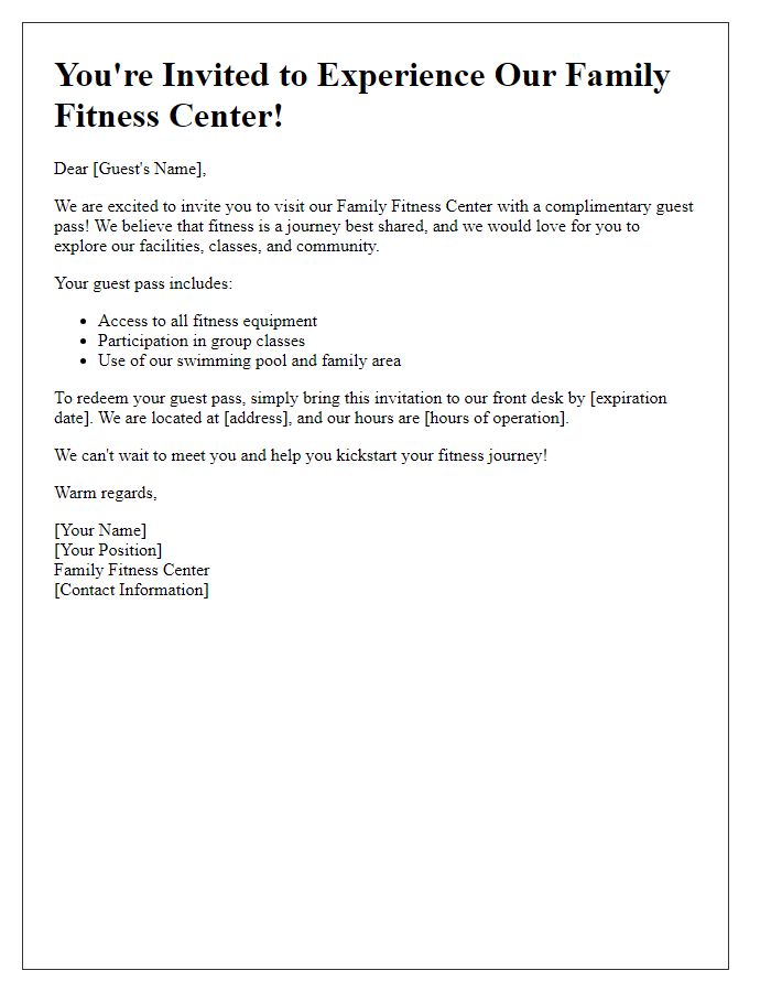 Letter template of family fitness center guest pass invitation