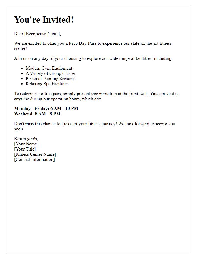 Letter template of free day pass invitation for fitness center