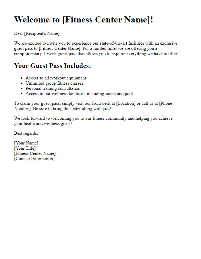 Letter template of introductory fitness center guest pass promotion