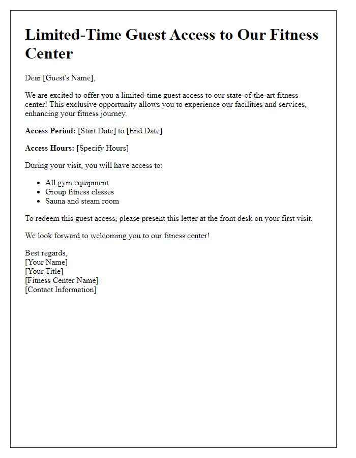 Letter template of limited-time guest access to fitness center