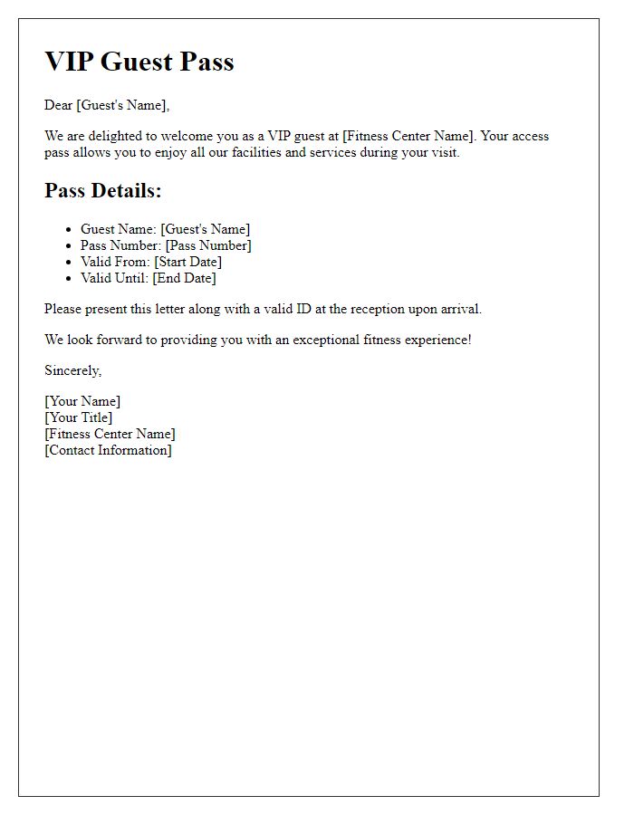 Letter template of VIP guest pass for fitness center access