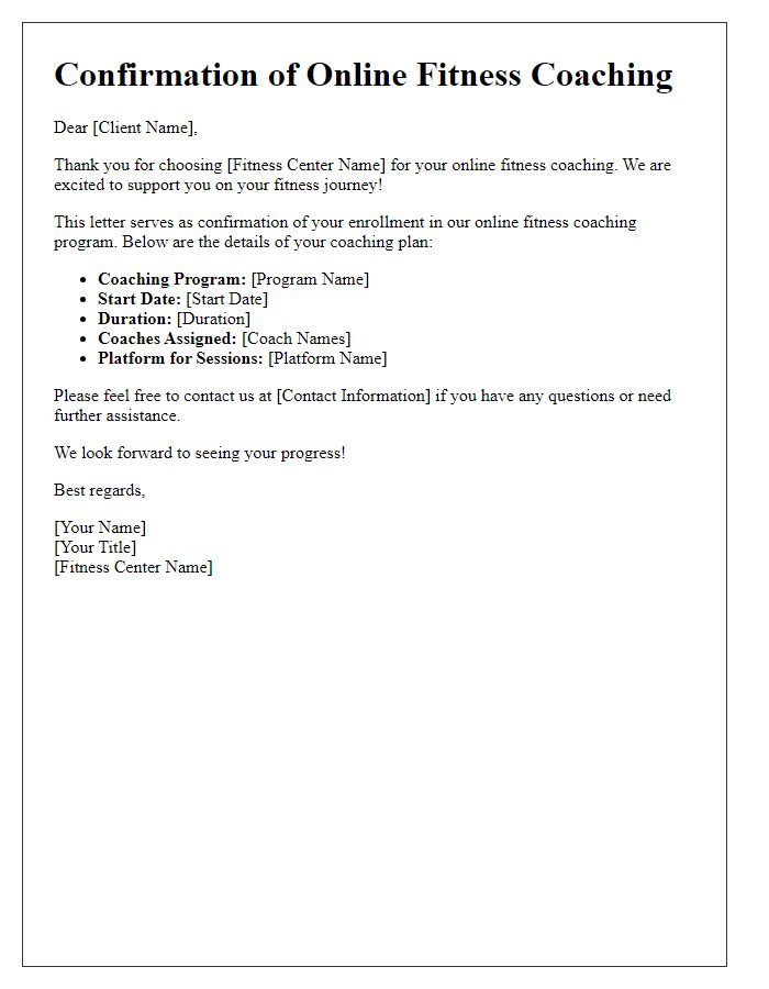 Letter template of confirmation for fitness center online fitness coaching.