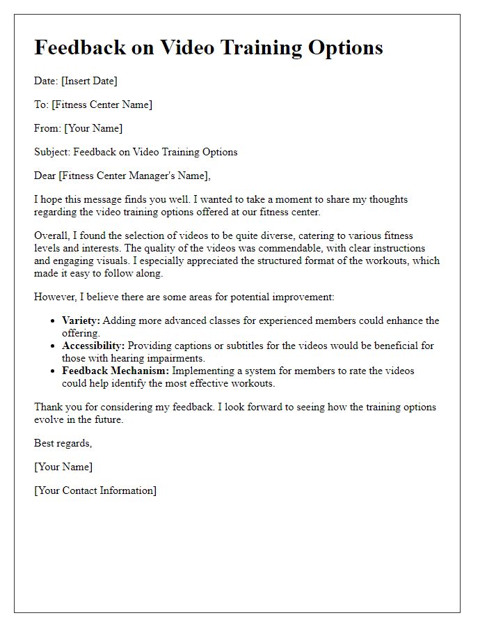 Letter template of feedback on fitness center video training options.