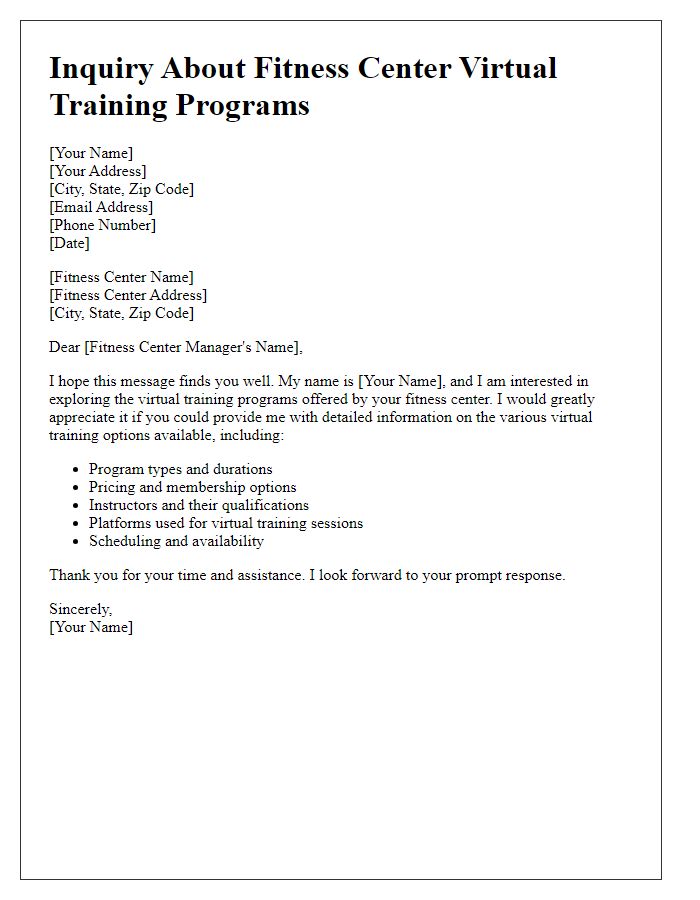 Letter template of inquiry about fitness center virtual training programs.