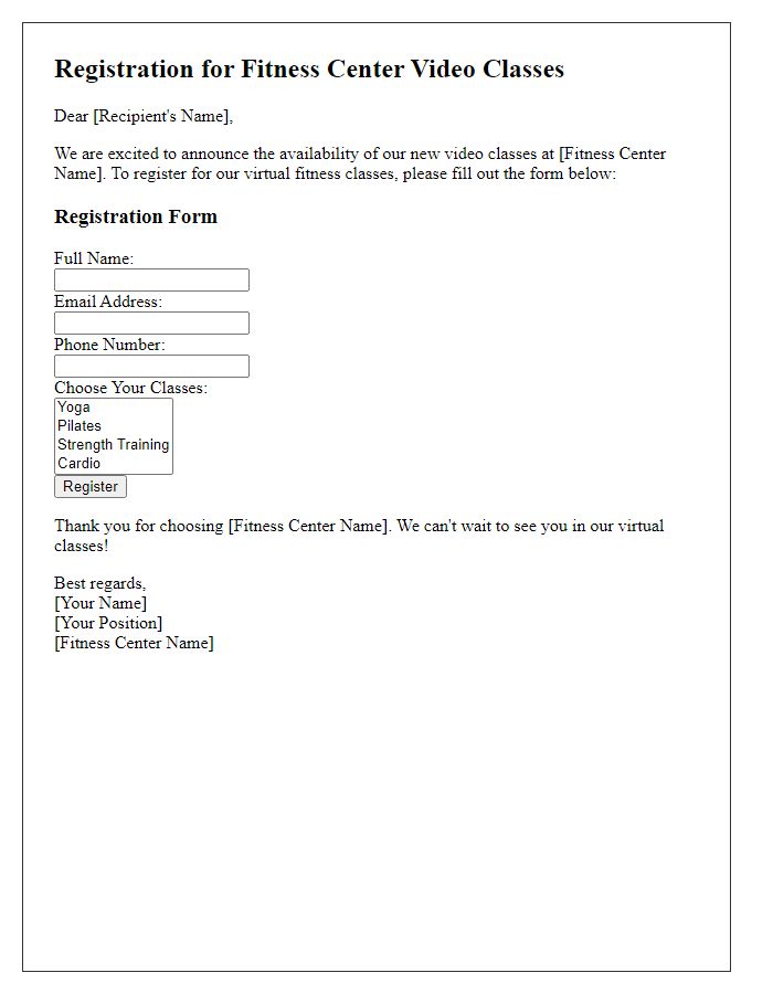 Letter template of registration for fitness center video classes.