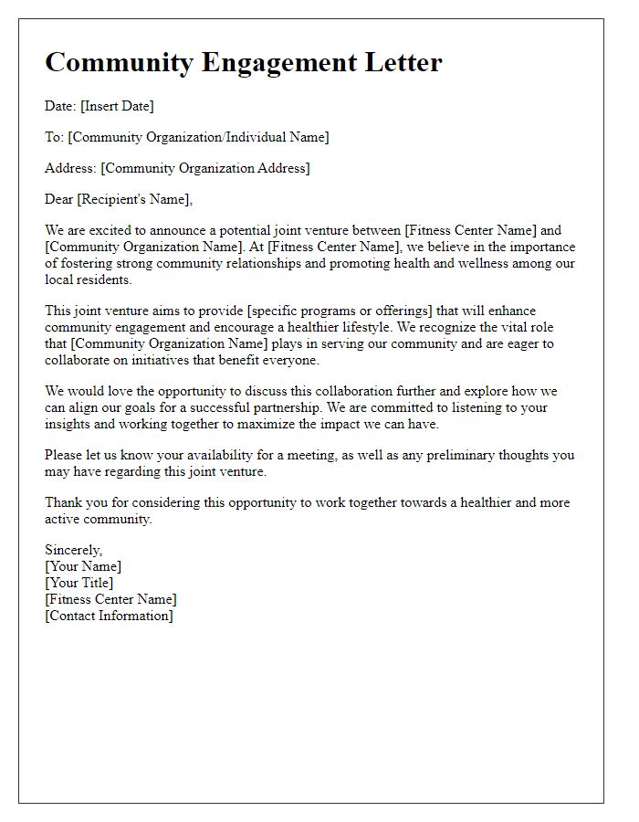 Letter template of community engagement letter for fitness center joint ventures.