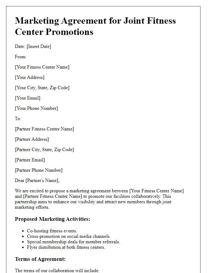 Letter template of marketing agreement for joint fitness center promotions.