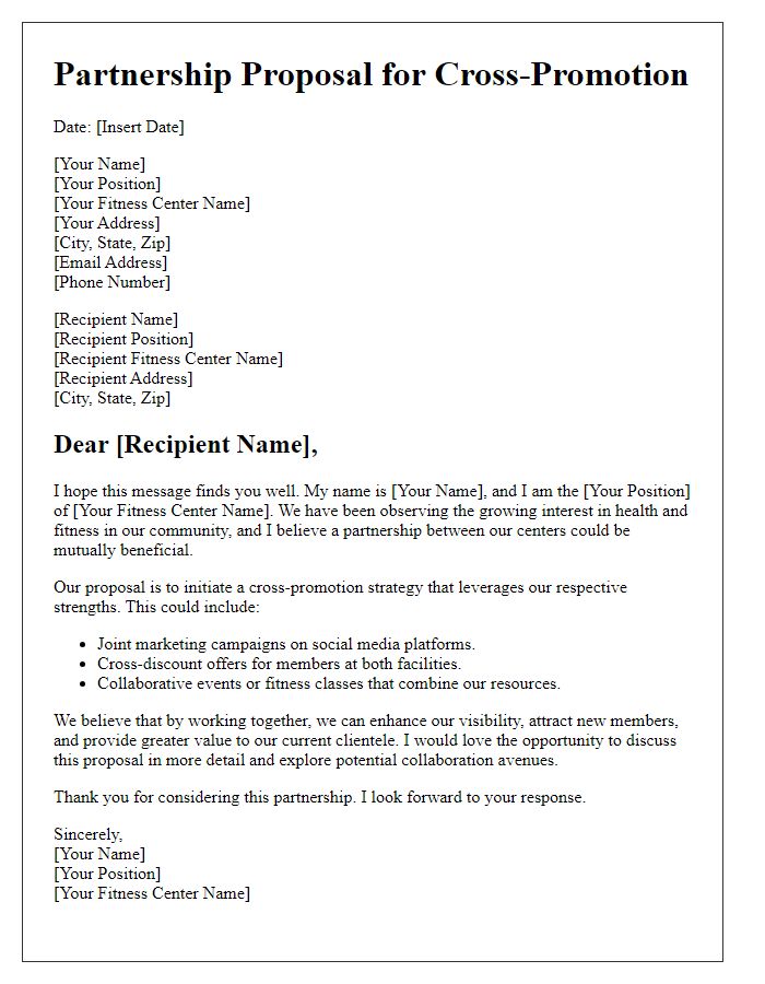Letter template of partnership proposal for fitness center cross-promotion.