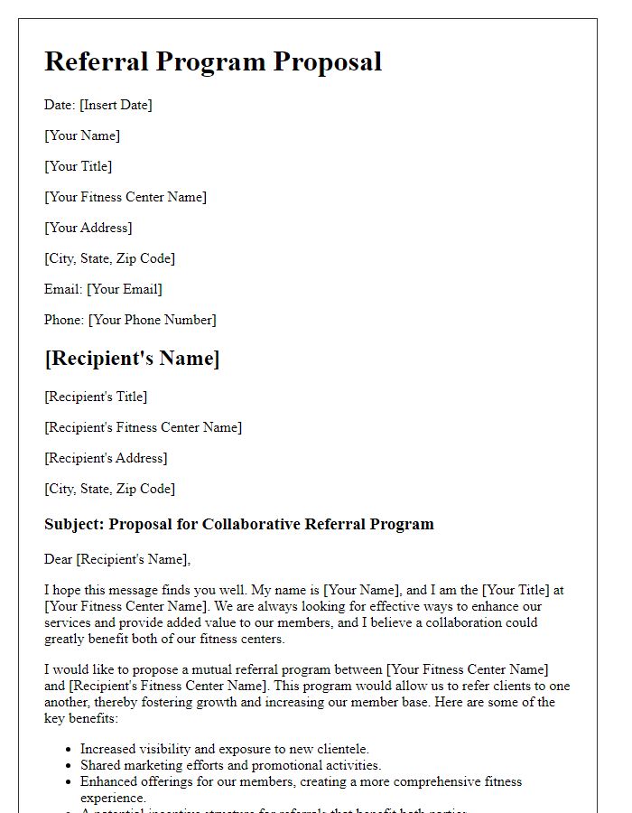 Letter template of referral program proposal for fitness center collaborations.