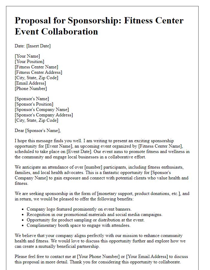 Letter template of sponsorship proposal for fitness center event collaborations.