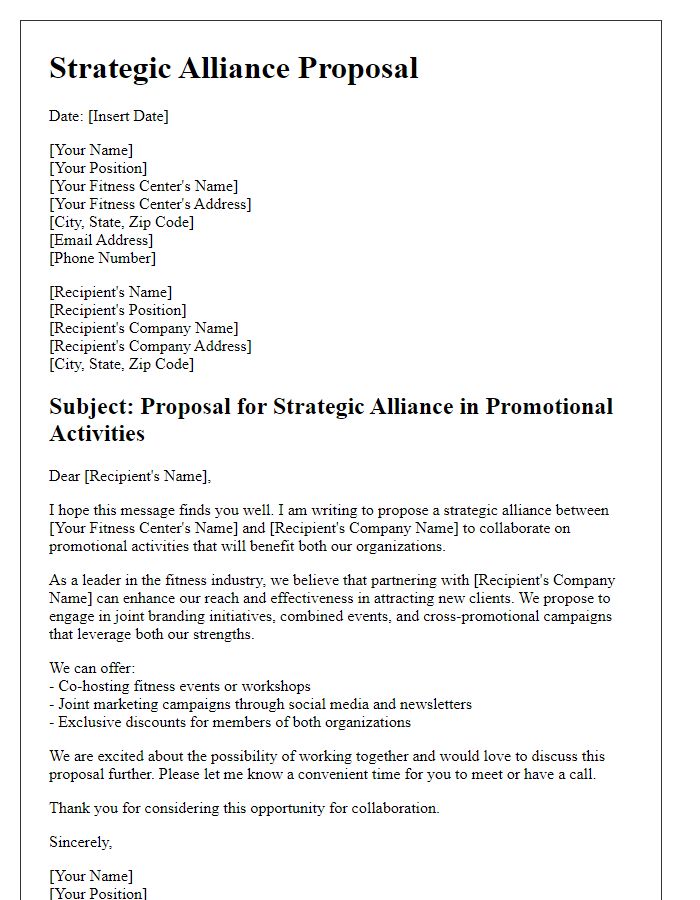 Letter template of strategic alliance for fitness center promotional activities.