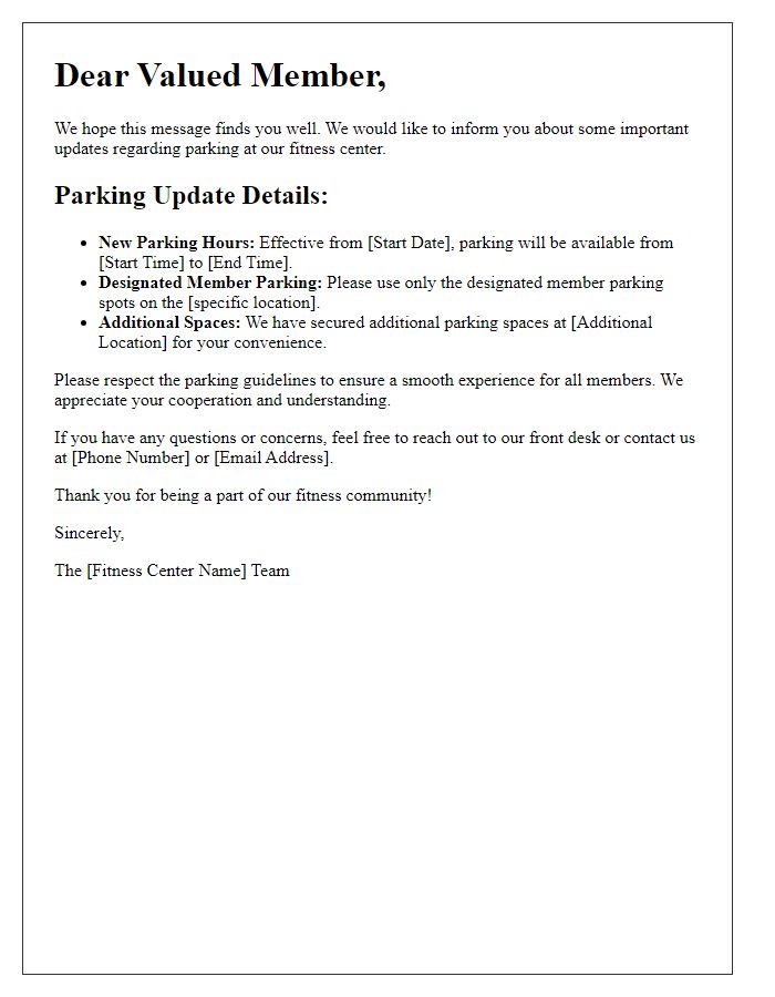 Letter template of fitness center member parking updates