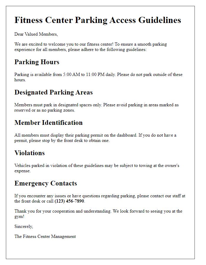 Letter template of fitness center parking access guidelines