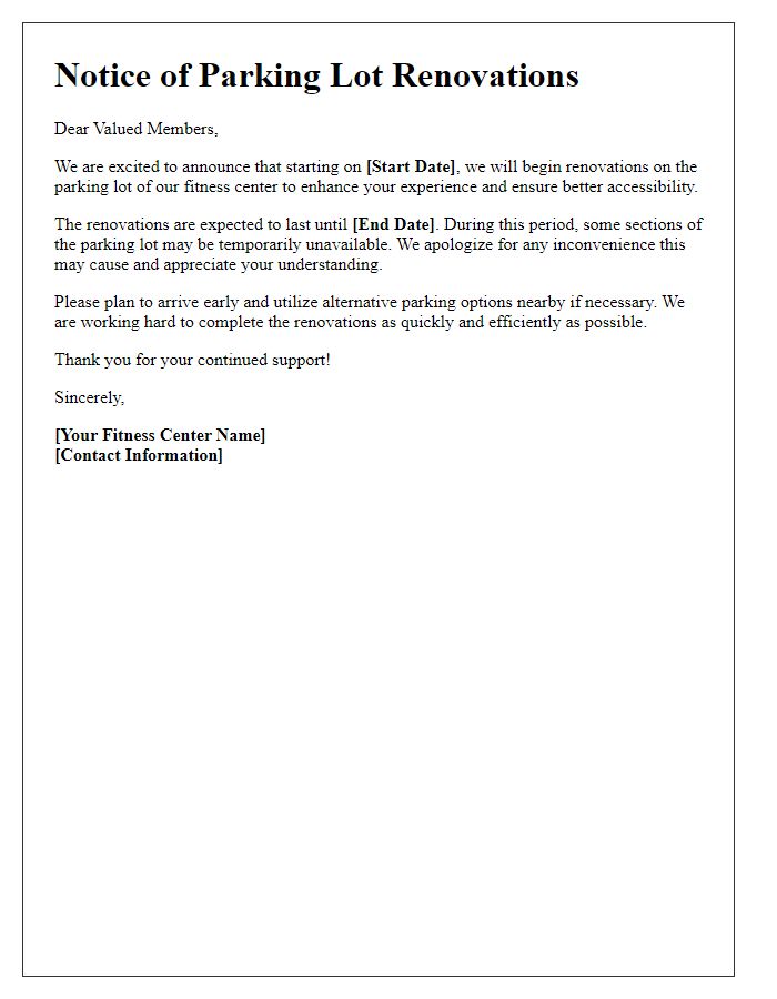 Letter template of fitness center parking lot renovations notice