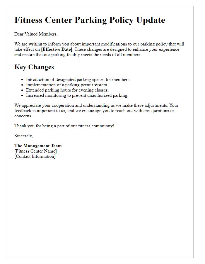 Letter template of fitness center parking policy modifications