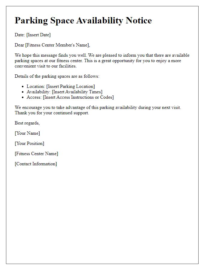 Letter template of fitness center parking space availability notice