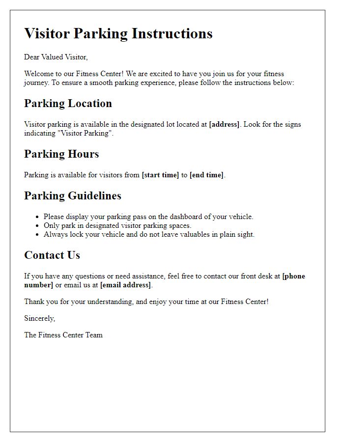 Letter template of fitness center visitor parking instructions