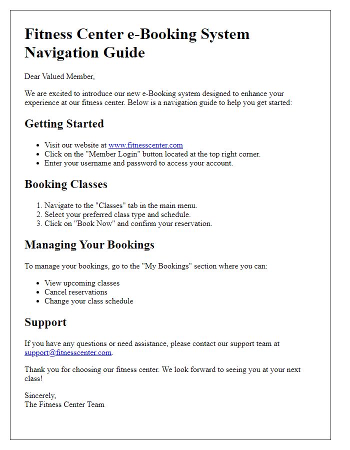 Letter template of fitness center e-booking system navigation guide