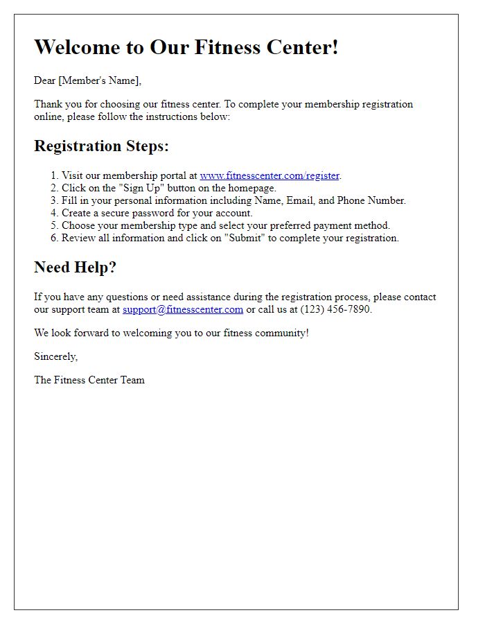 Letter template of fitness center membership portal registration instructions