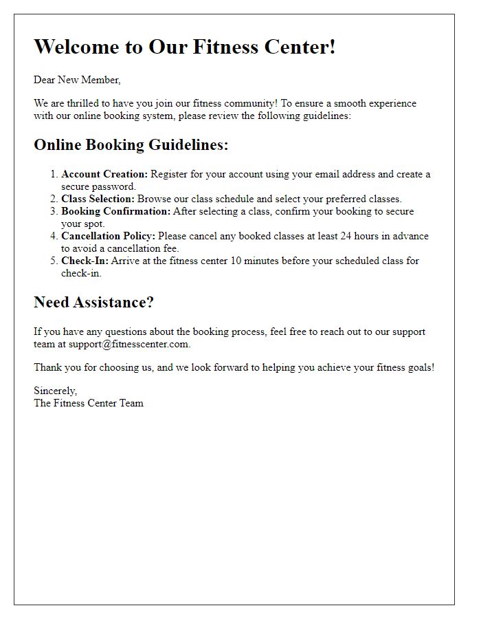 Letter template of fitness center online booking guidelines for new members