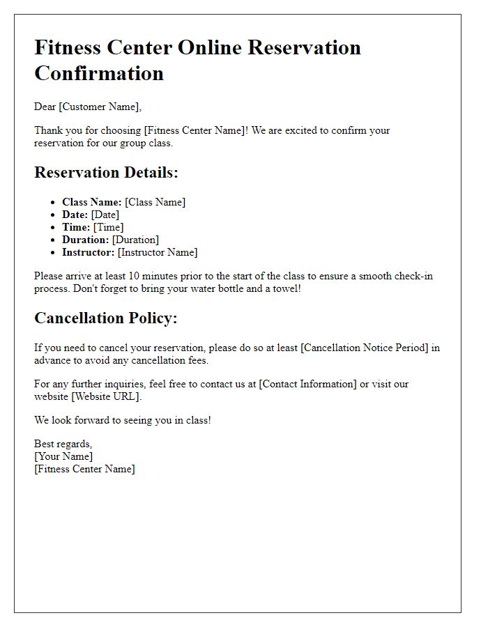 Letter template of fitness center online reservation process for group classes