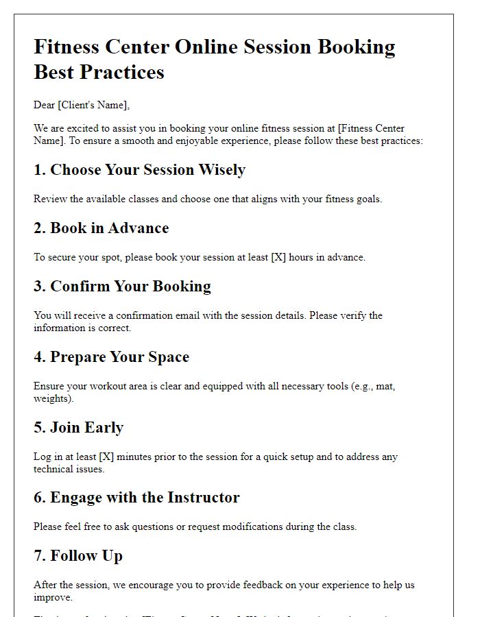 Letter template of fitness center online session booking best practices