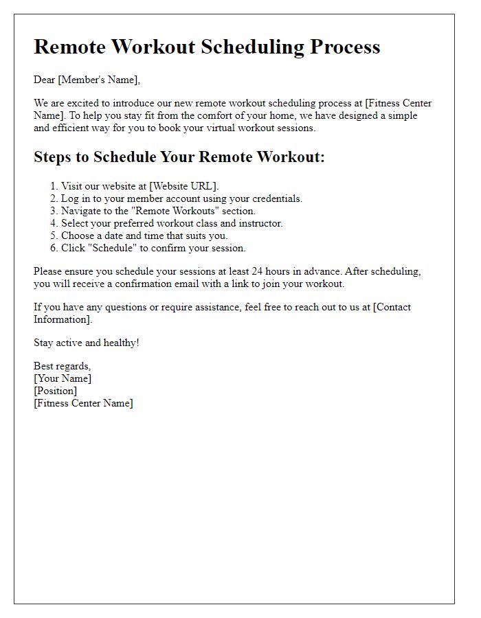 Letter template of fitness center remote workout scheduling process