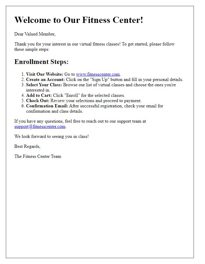 Letter template of fitness center virtual class enrollment steps