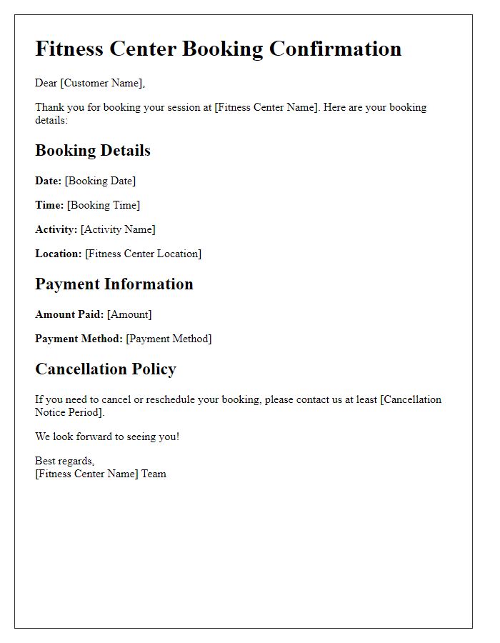 Letter template of fitness center web-based booking confirmation details