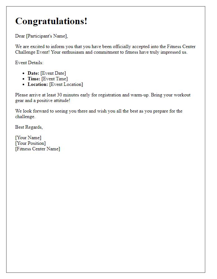 Letter template of Acceptance into Fitness Center Challenge Event