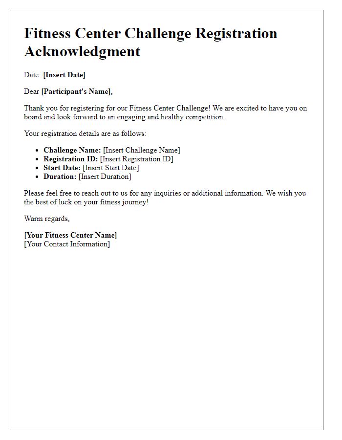 Letter template of Acknowledgment for Fitness Center Challenge Registration