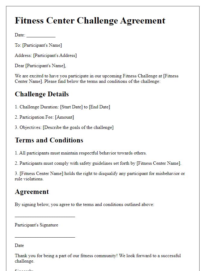 Letter template of Agreement to Fitness Center Challenge Terms