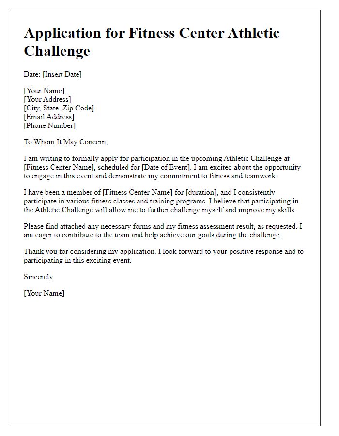 Letter template of Application for Fitness Center Athletic Challenge