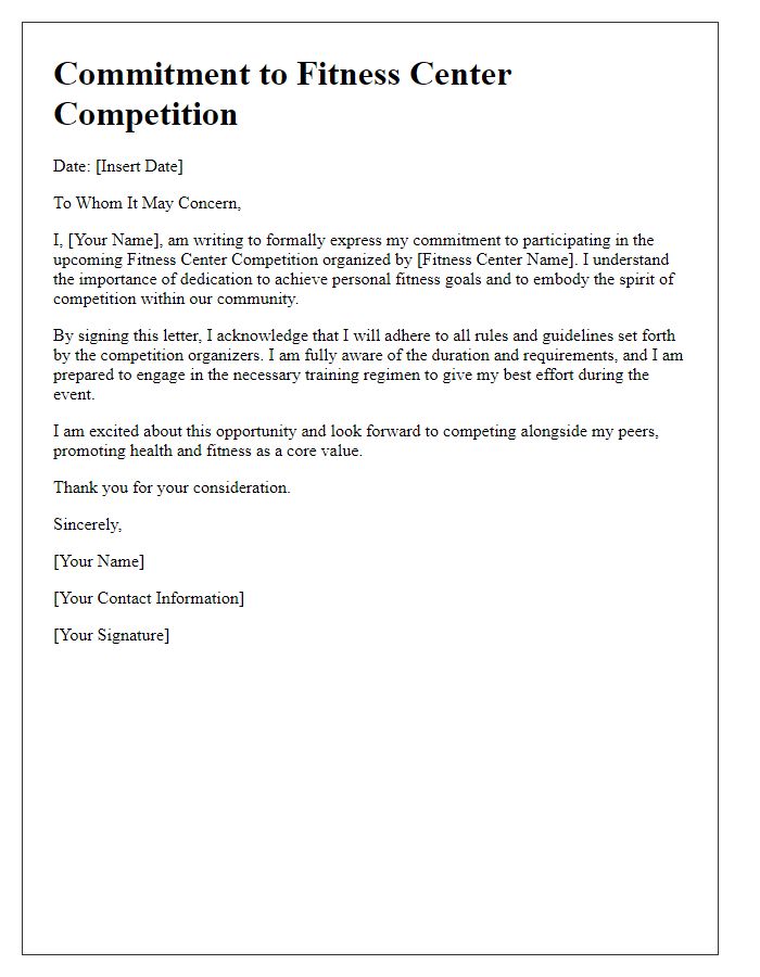 Letter template of Commitment to Fitness Center Competition