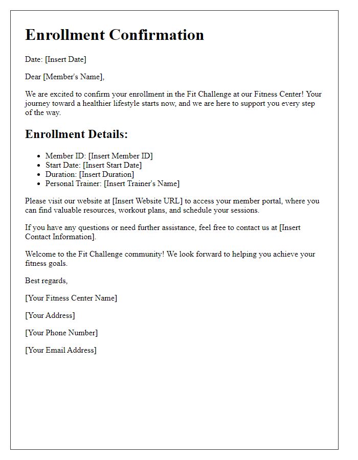 Letter template of Enrollment in Fitness Center Fit Challenge