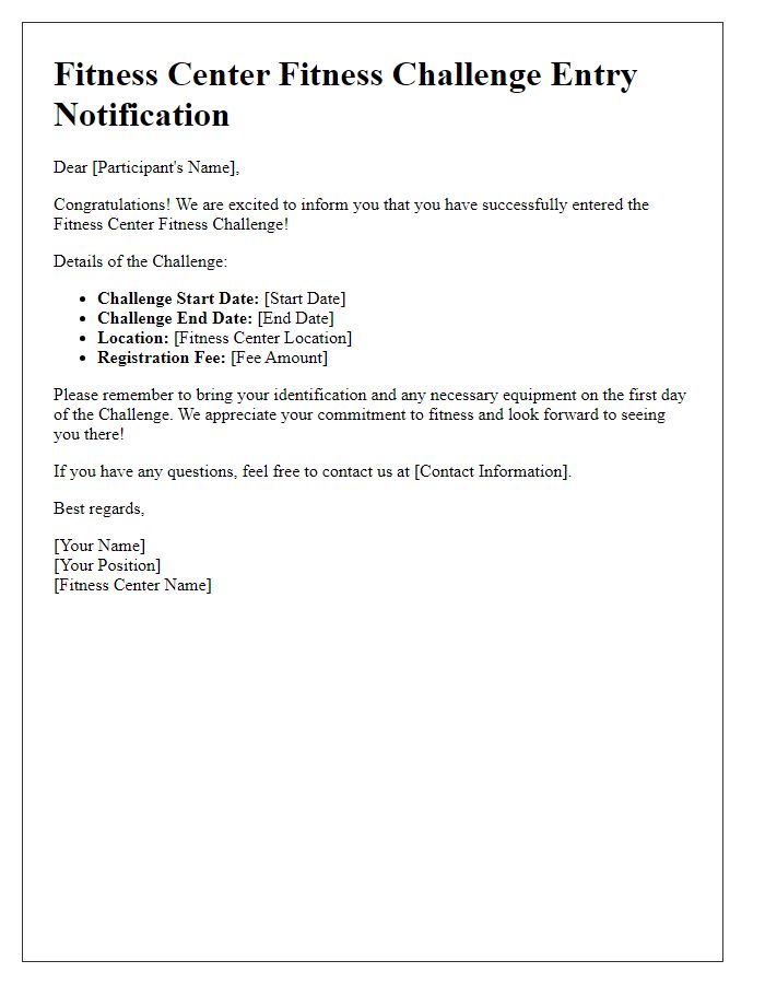 Letter template of Entry Notification for Fitness Center Fitness Challenge