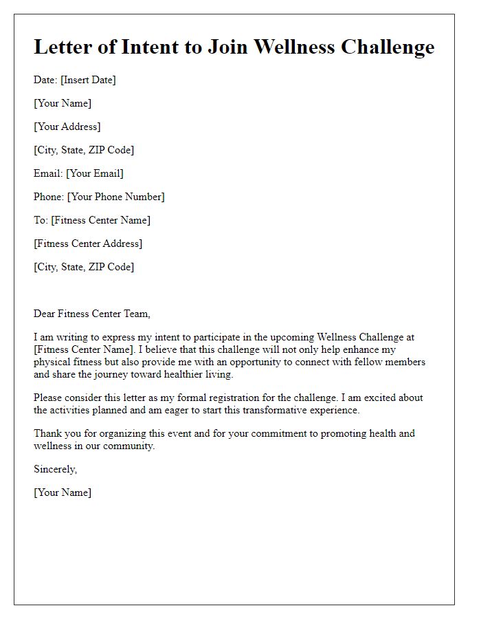 Letter template of Intent to Join Fitness Center Wellness Challenge