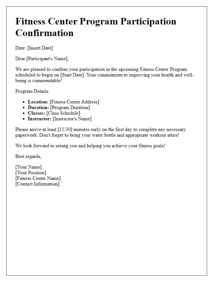 Letter template of Participation Confirmation for Fitness Center Program