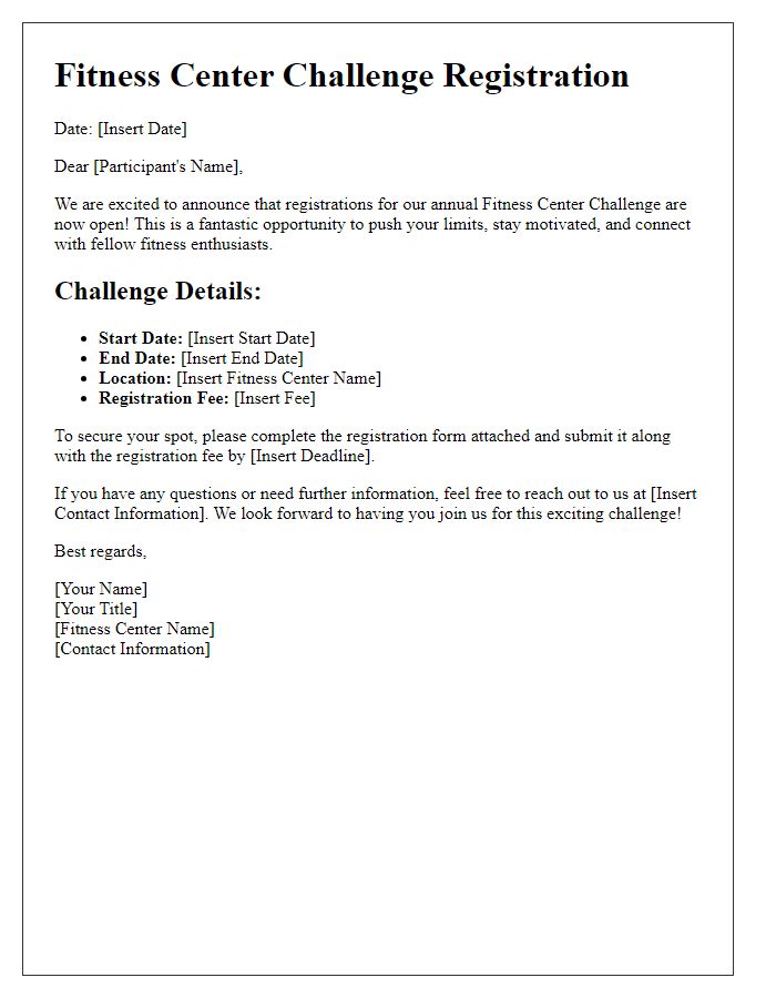 Letter template of Registration for Fitness Center Challenge