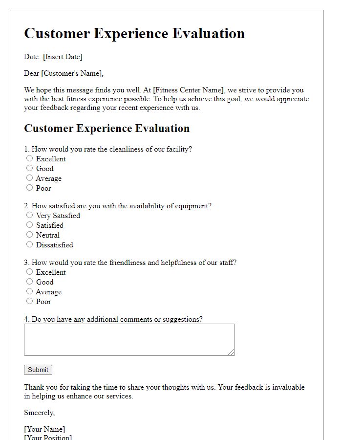 Letter template of fitness center customer experience evaluation